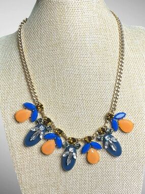 Fashion Gold Chain Necklace with Blue and Orange Gem Accents